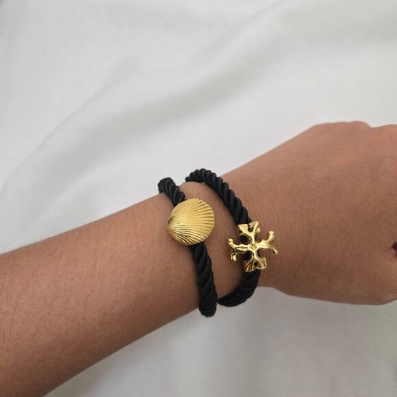 NEW Tory Burch Shell Logo Rope Bracelet Black 18K Gold Plated Bold Summer Beach - Picture 4 of 6